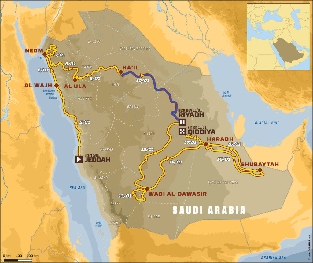 En el mapa, con el recorrido completo del Dakar 2020 en Arabia Saudí, podemos observar resaltado en azul el tramo correspondiente a la etapa 6.