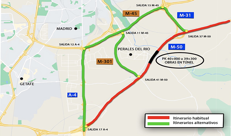 Mapa con la zona afectada por el cierre de dos carriles en la M50 en los Túneles de Perales del Río.