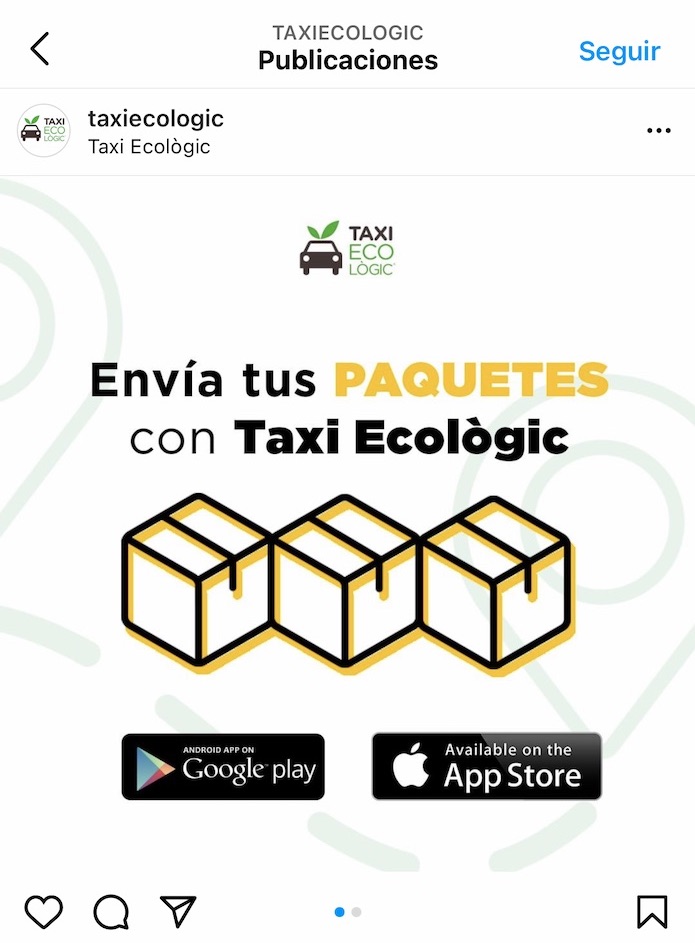 Pantallazo de instagram del perfil de Taxis Ecologic donde oferta servicios de paqueteria