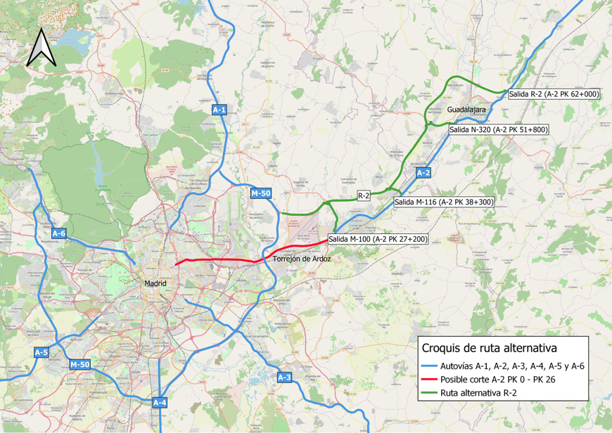 Mapa carreteras con los cortes previstos por la cumbre de la OTAN en Madrid.